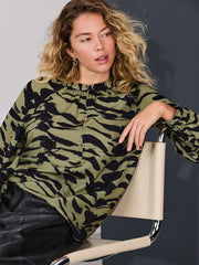 Khaki Green Animal Print Long Sleeve V-Neck Blouse