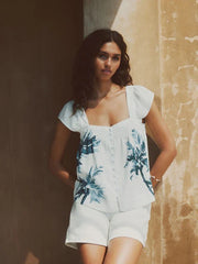 White/Blue Palm Print Flutter Sleeve Button Front Top With Linen