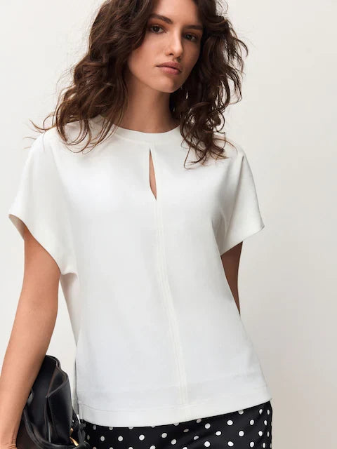 Ecru Short Sleeve Keyhole Crew Neck Top