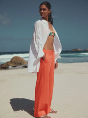 Coral Pink Smart Front Linen Blend Wide Leg Trousers