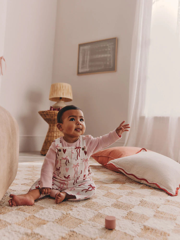 Cream/Pink Bows Baby Dungarees and Bodysuit Set 2 Piece