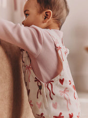 Cream/Pink Bows Baby Dungarees and Bodysuit Set 2 Piece