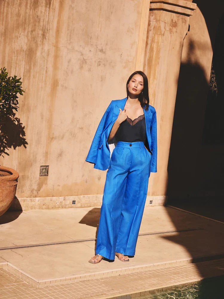 Cobalt Blue Linen Rich Wide Leg Trousers