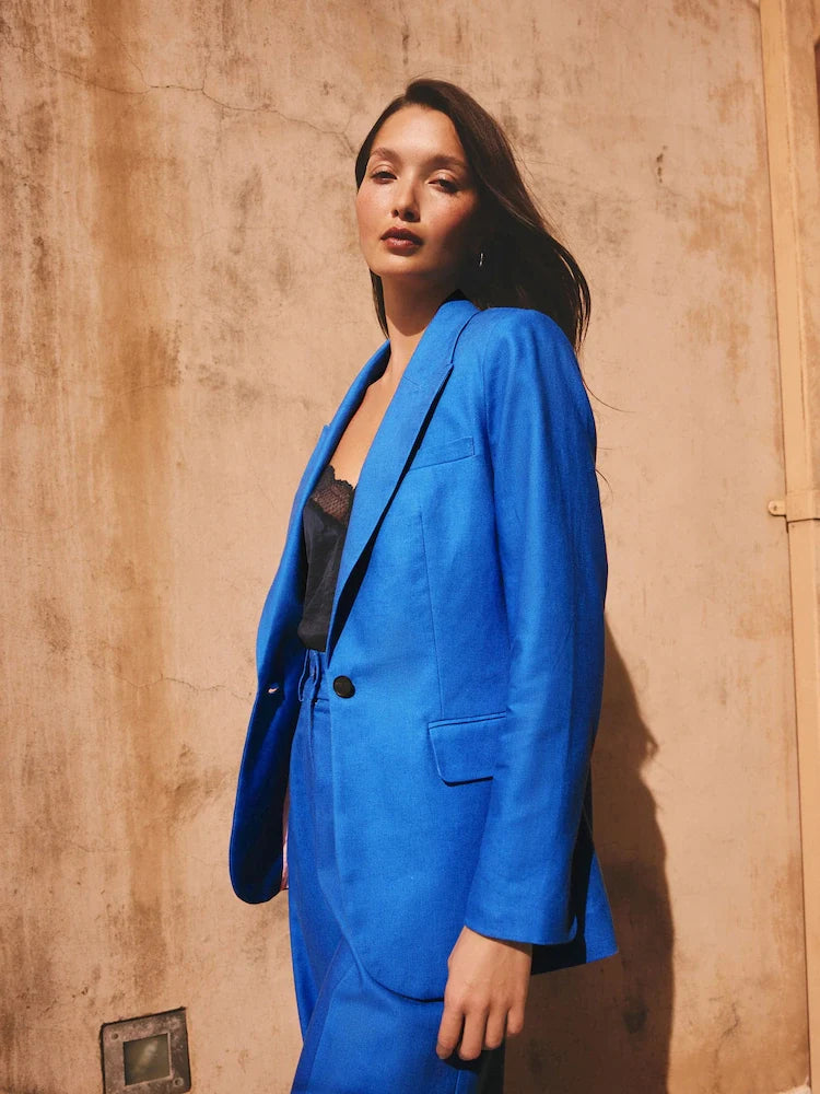 Cobalt Blue Linen Rich Single Breasted Blazer