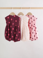 Pink Polka Dot Button Through Baby Rompers 3 Pack
