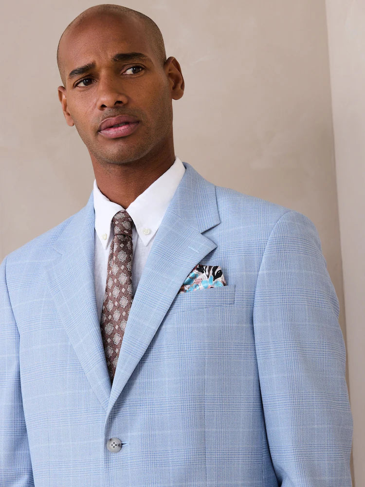Light Blue Regular Fit Check Suit Jacket
