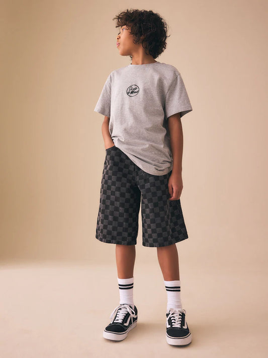 Grey Check Denim Jort Shorts (3-16yrs)