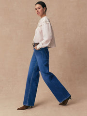 Mid Blue Mid Rise Stretch Wide Leg Jeans