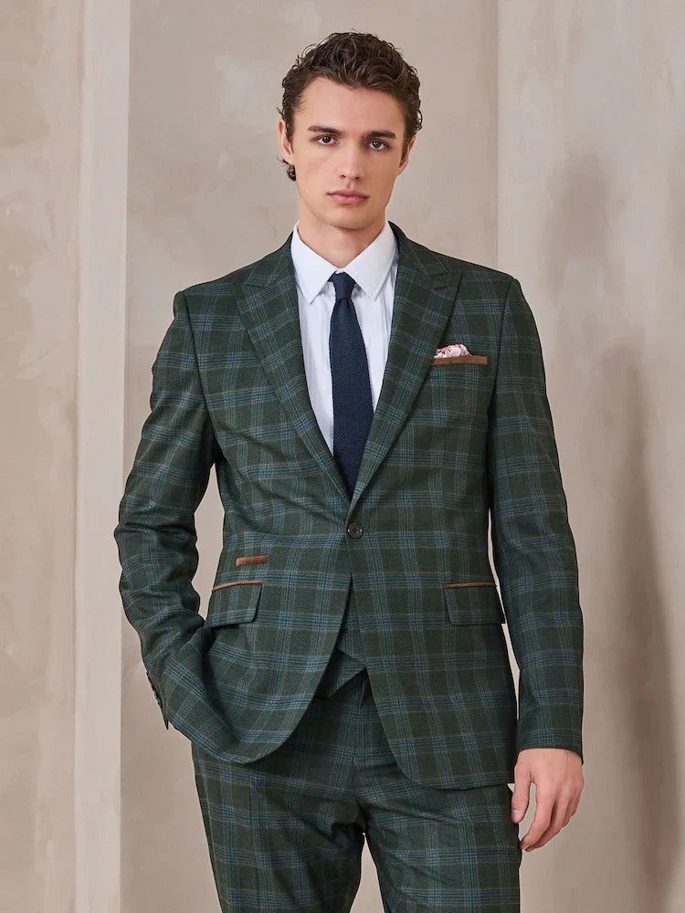 Green Slim Fit Trim Check Texture Suit Trousers