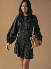 Black Croissant Print Mini Long Sleeve A-Line Seam Detail Dress