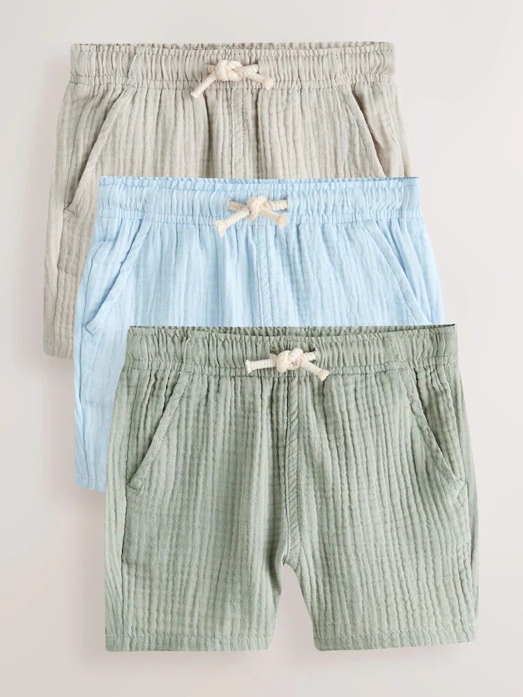 Neutral/Sage Green/Pale Blue Soft Textured Pull on Shorts 3 Pack (3mths-7yrs)