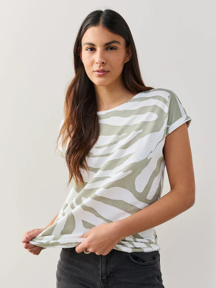 Beige Zebra Print Cap Sleeve Cotton T-Shirt