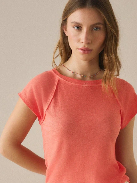 Coral Pink Raw Seam Short Cap Sleeve T-Shirt