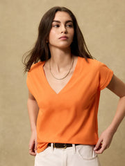 Orange V-Neck Cap Sleeve T-Shirt