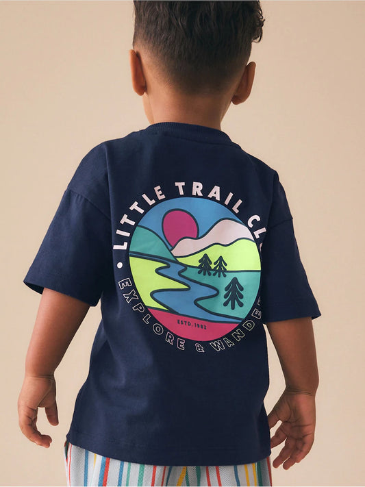 Navy Blue Trail Scene Short Sleeve Back Print T-Shirt (3mths-7yrs)