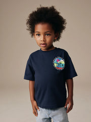 Navy Blue Trail Scene Short Sleeve Back Print T-Shirt (3mths-7yrs)