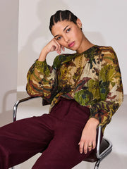 Green Floral Print Volume Long Sleeve Blouse