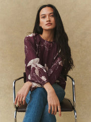 Purple Floral Print Volume Long Sleeve Blouse