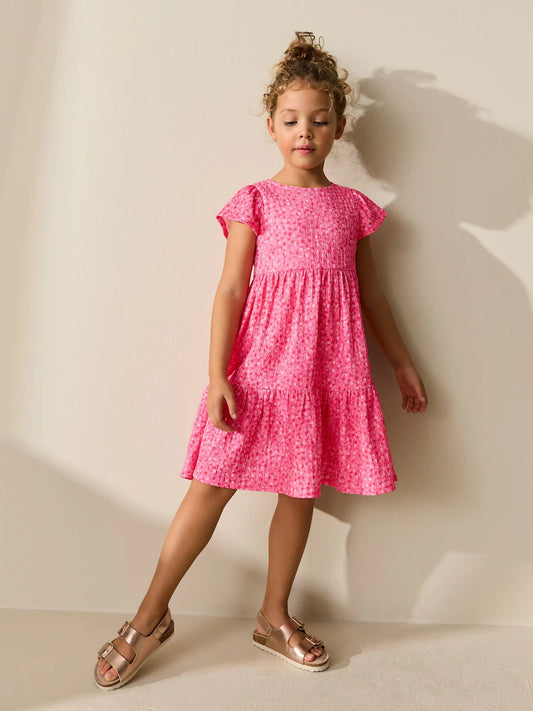 Pink Ditsy Angel Sleeve Crinkle Dress (3-16yrs)