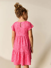 Pink Ditsy Angel Sleeve Crinkle Dress (3-16yrs)
