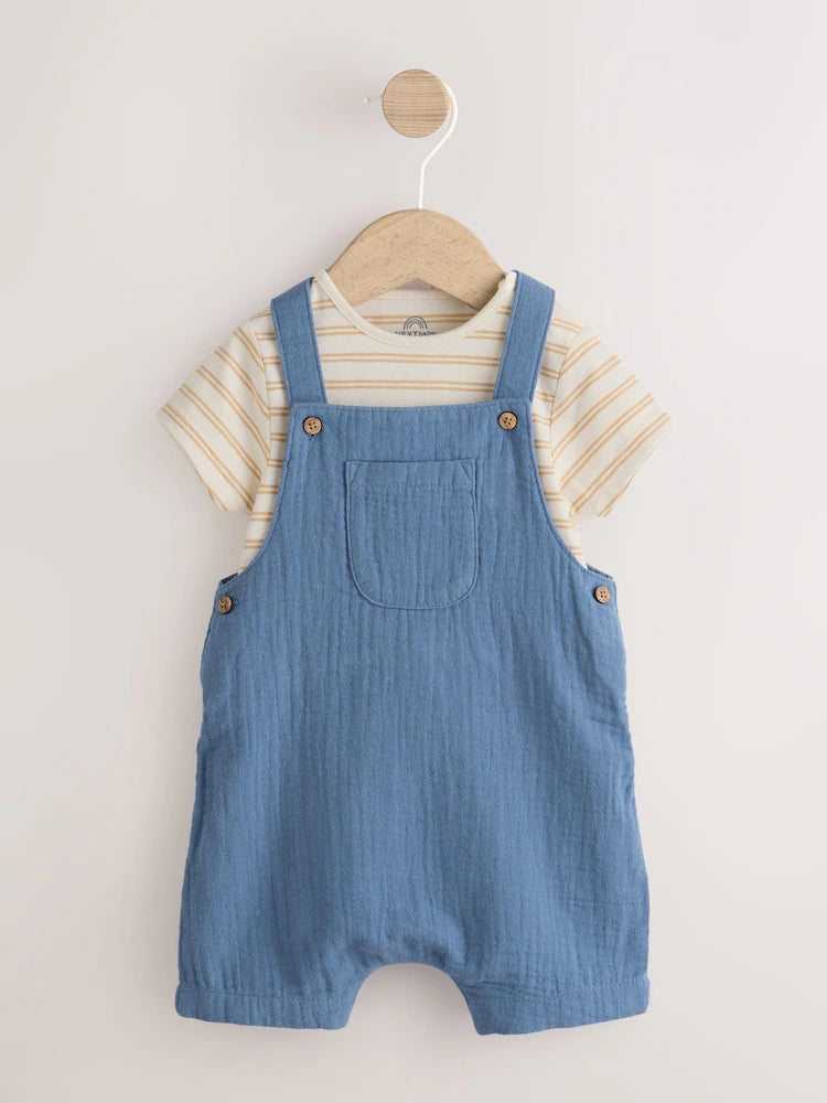 Mid Blue Woven Dungarees and Bodysuit Baby Set (0mths-2yrs)