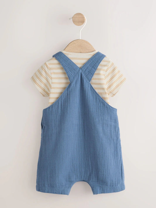 Mid Blue Woven Dungarees and Bodysuit Baby Set (0mths-2yrs)