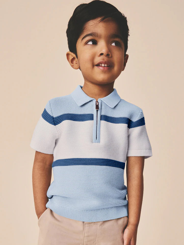 Blue Colourblock Knitted Zip Neck Polo Shirt (3mths-7yrs)