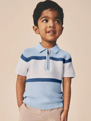 Blue Colourblock Knitted Zip Neck Polo Shirt (3mths-7yrs)