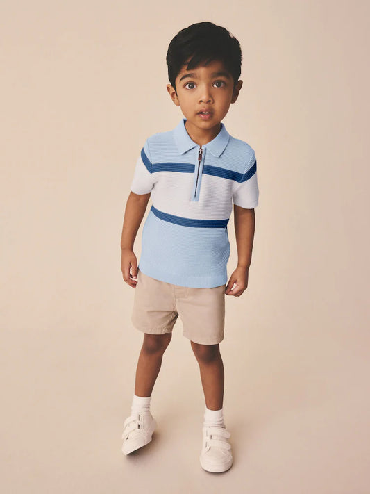 Blue Colourblock Knitted Zip Neck Polo Shirt (3mths-7yrs)