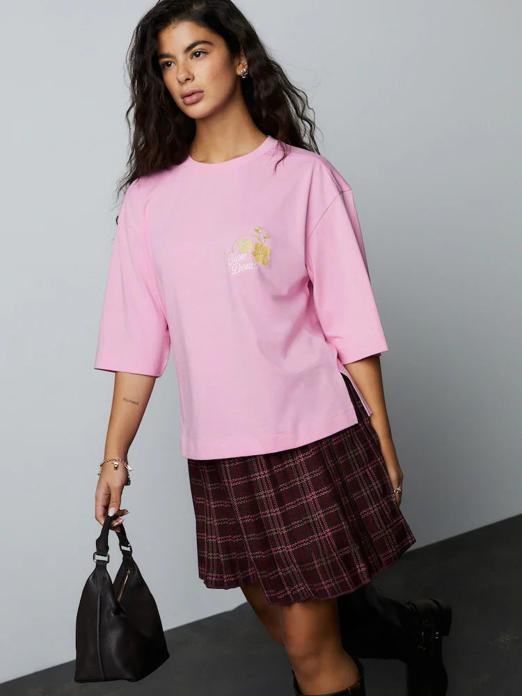 Pink Floral Graphic Crew Neck Short Sleeve T-Shirt