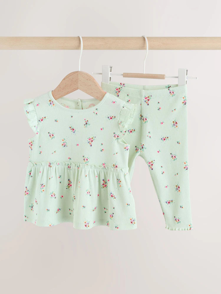 Sage Green Flower Rib Top and Leggings Baby Set 2 Piece (0mths-2yrs)