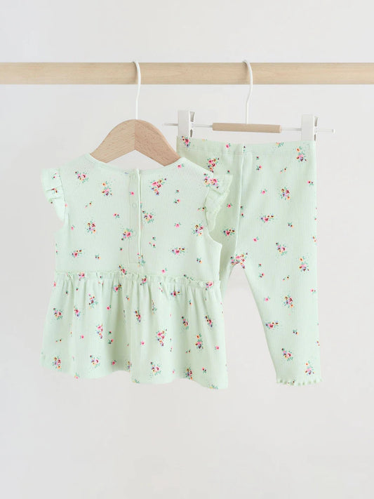 Sage Green Flower Rib Top and Leggings Baby Set 2 Piece (0mths-2yrs)