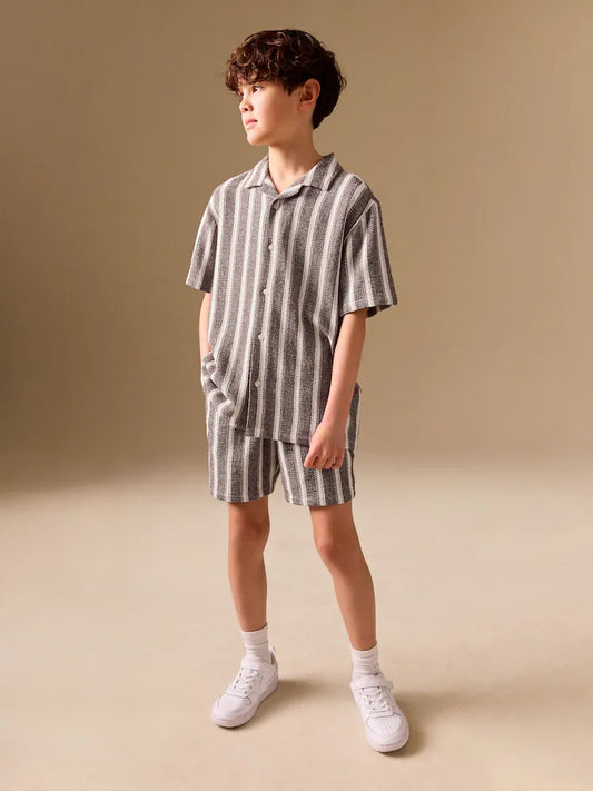 Chocolate Brown Short Sleeve Textured Stripe Shirt and Shorts Set (3-16yrs)