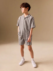 Chocolate Brown Short Sleeve Textured Stripe Shirt and Shorts Set (3-16yrs)