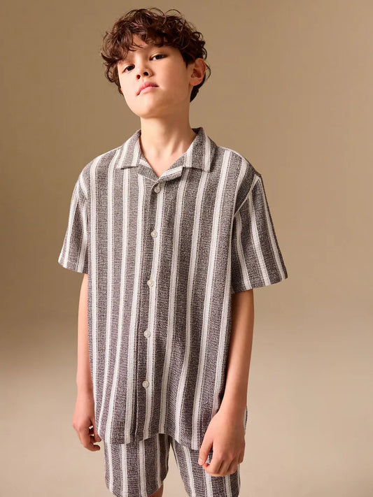 Chocolate Brown Short Sleeve Textured Stripe Shirt and Shorts Set (3-16yrs)