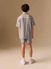 Chocolate Brown Short Sleeve Textured Stripe Shirt and Shorts Set (3-16yrs)