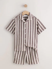 Chocolate Brown Short Sleeve Textured Stripe Shirt and Shorts Set (3-16yrs)