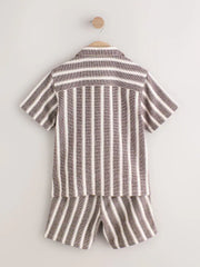 Chocolate Brown Short Sleeve Textured Stripe Shirt and Shorts Set (3-16yrs)