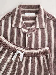 Chocolate Brown Short Sleeve Textured Stripe Shirt and Shorts Set (3-16yrs)