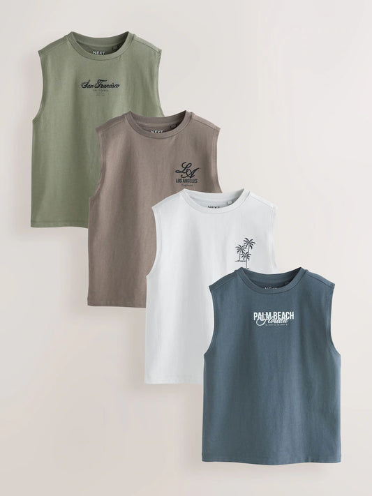 Light Grey/Brown/Charcoal/Khaki Tank Vest 4 Pack (3-16yrs)