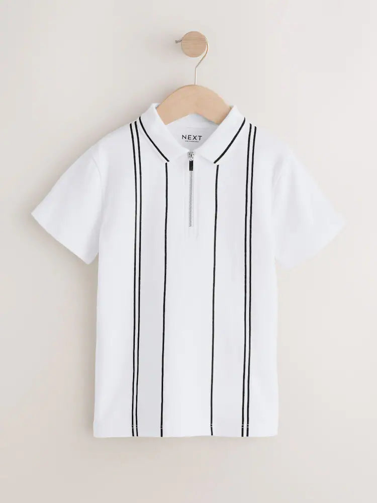 White/Black Vertical Stripe Zip Neck Polo Shirt (3-16yrs)