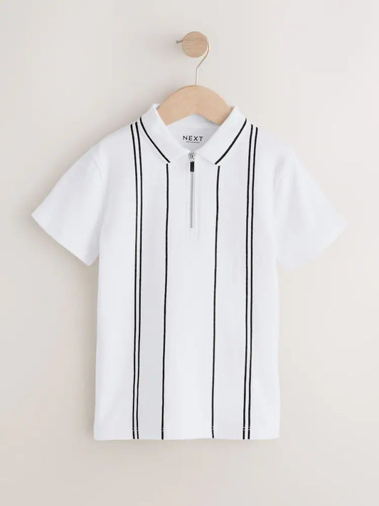 White/Black Vertical Stripe Zip Neck Polo Shirt (3-16yrs)