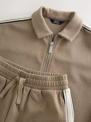 Tan Brown Short Sleeve Zip Through Polo Shirt & Shorts Set (3-16yrs)