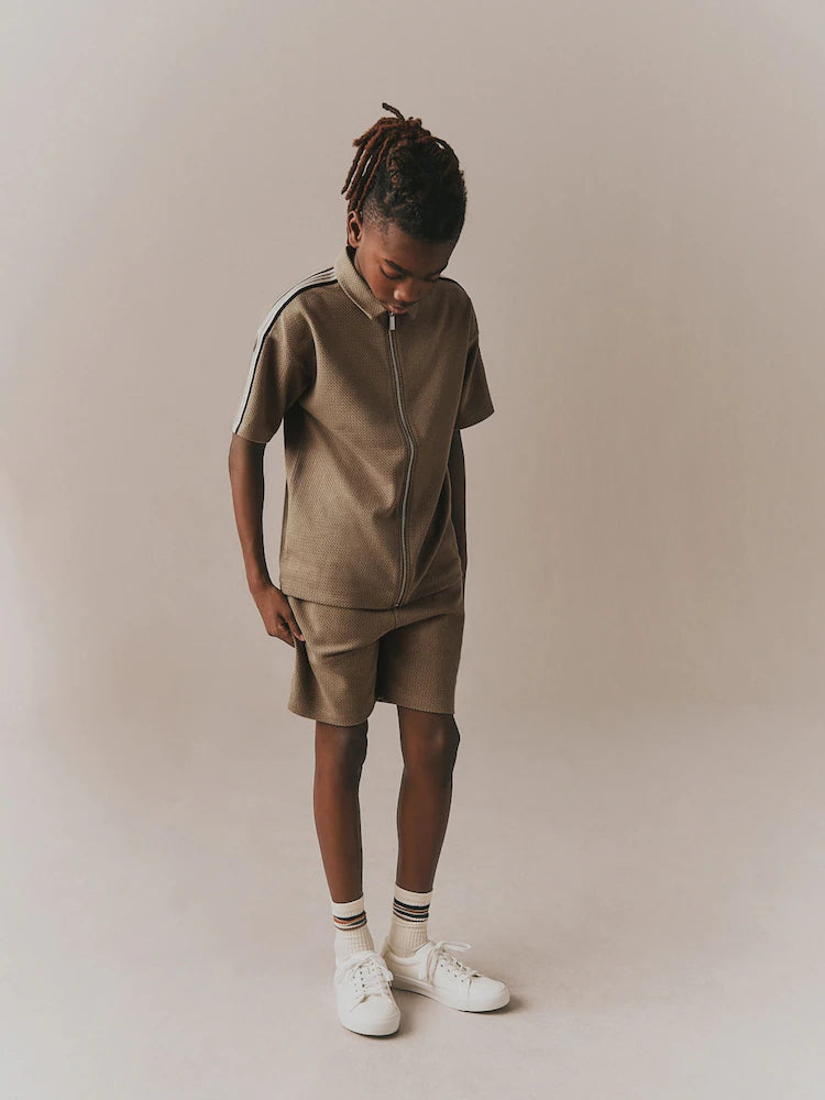 Tan Brown Short Sleeve Zip Through Polo Shirt & Shorts Set (3-16yrs)