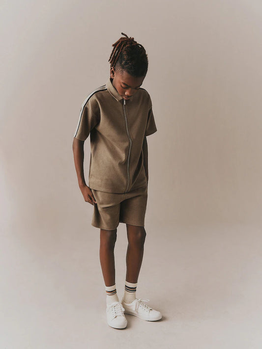Tan Brown Short Sleeve Zip Through Polo Shirt & Shorts Set (3-16yrs)