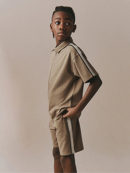 Tan Brown Short Sleeve Zip Through Polo Shirt & Shorts Set (3-16yrs)
