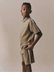 Tan Brown Short Sleeve Zip Through Polo Shirt & Shorts Set (3-16yrs)