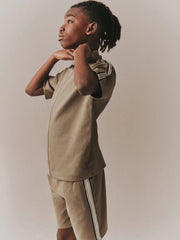 Tan Brown Short Sleeve Zip Through Polo Shirt & Shorts Set (3-16yrs)