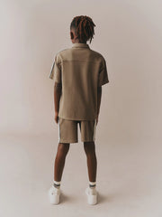 Tan Brown Short Sleeve Zip Through Polo Shirt & Shorts Set (3-16yrs)