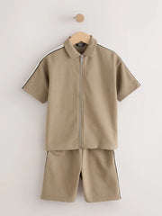 Tan Brown Short Sleeve Zip Through Polo Shirt & Shorts Set (3-16yrs)